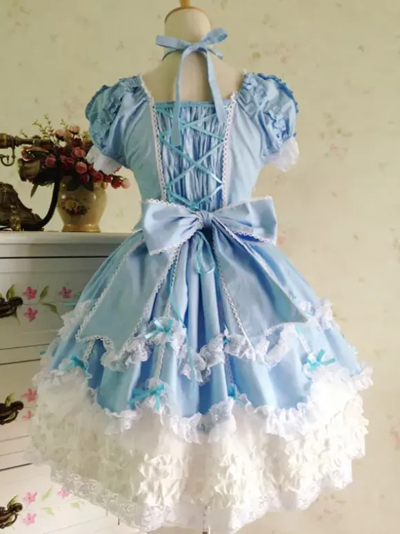 Belle robe à bretelles lolita en 100% coton color-block avec noeud Robe A Bretelles Sans Manches Déguisements Halloween