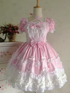 Belle robe à bretelles lolita en 100% coton color-block avec noeud Robe A Bretelles Sans Manches Déguisements Halloween
