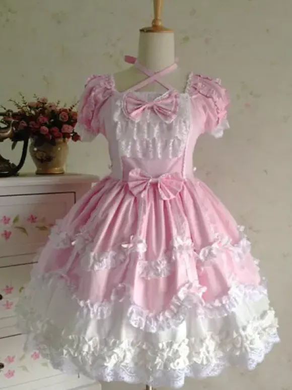 Belle robe à bretelles lolita en 100% coton color-block avec noeud Robe A Bretelles Sans Manches Déguisements Halloween
