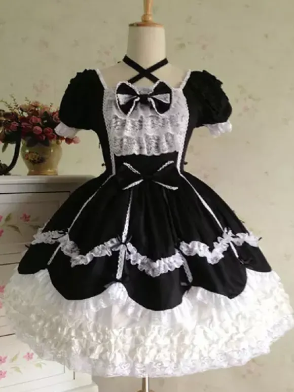 Belle robe à bretelles lolita en 100% coton color-block avec noeud Robe A Bretelles Sans Manches Déguisements Halloween