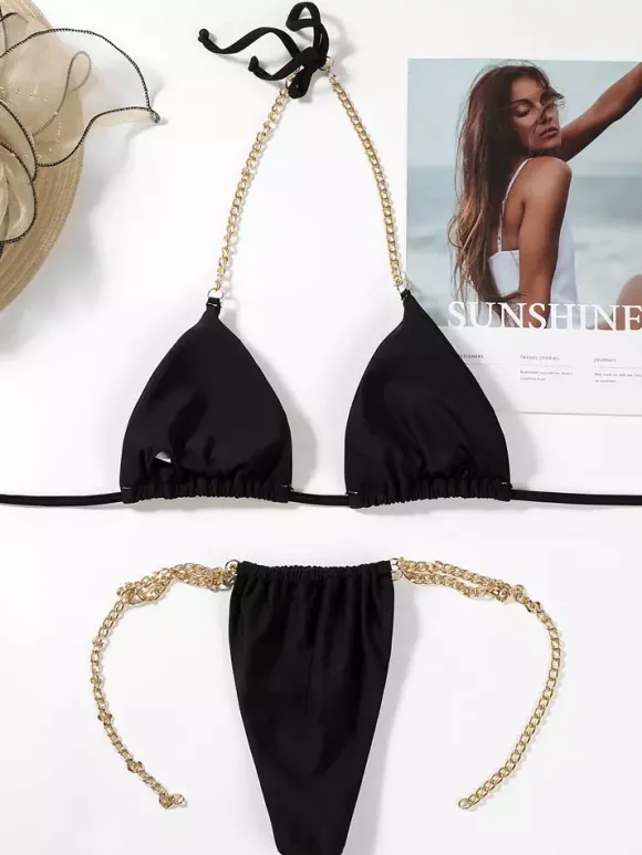 Bikini Maillot de Bain Femme Taille Haute avec Bretelles en Métales Coupe Cintrée à Lacets Croisés Bicolores Bikini Sexy Push Up