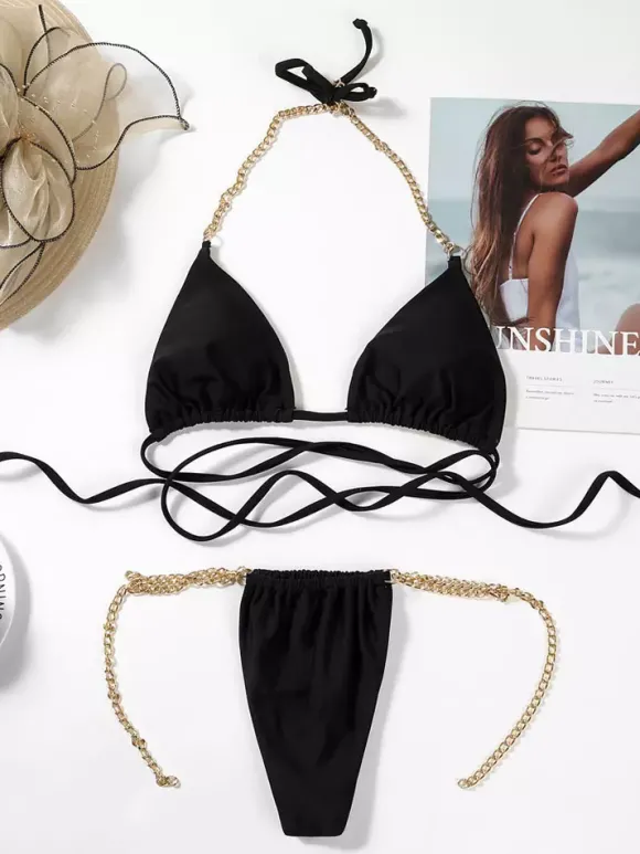 Bikini Maillot de Bain Femme Taille Haute avec Bretelles en Métales Coupe Cintrée à Lacets Croisés Bicolores Bikini Sexy Push Up