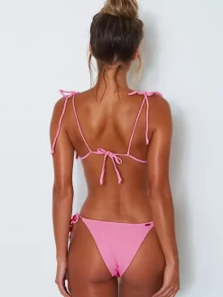 Bikini Maillot de Bain Taille Haute Femme avec Bretelles à Col Décolleté en V à Lacets Unicolore Bikini Sexy Push Up