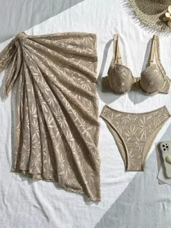 Bikini 3 pièces en dentelle crochetée à motif de feuilles avec jupe paréo