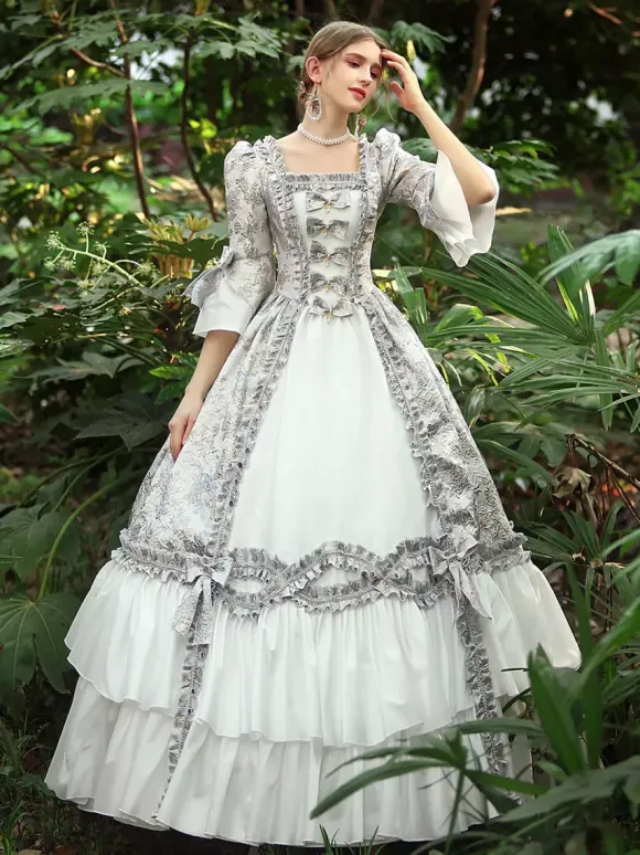 Blanc Rétro Costumes Femmes Volants Polyester Robe Marie Antoinette Costume Royal Party Robe De Bal