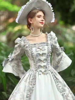 Blanc Rétro Costumes Femmes Volants Polyester Robe Marie Antoinette Costume Royal Party Robe De Bal