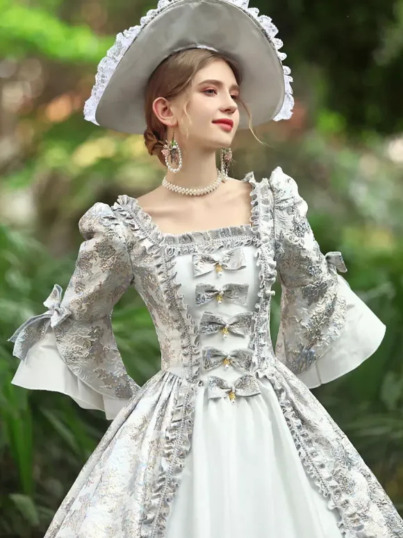 Blanc Rétro Costumes Femmes Volants Polyester Robe Marie Antoinette Costume Royal Party Robe De Bal