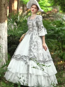 Blanc Rétro Costumes Femmes Volants Polyester Robe Marie Antoinette Costume Royal Party Robe De Bal