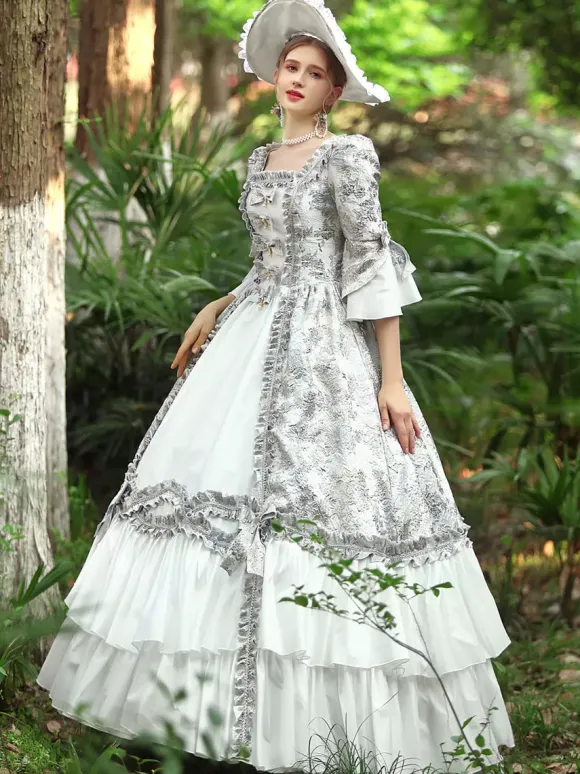 Blanc Rétro Costumes Femmes Volants Polyester Robe Marie Antoinette Costume Royal Party Robe De Bal