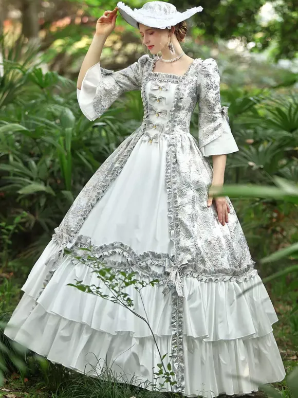 Blanc Rétro Costumes Femmes Volants Polyester Robe Marie Antoinette Costume Royal Party Robe De Bal