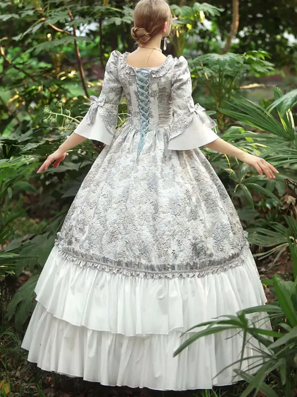 Blanc Rétro Costumes Femmes Volants Polyester Robe Marie Antoinette Costume Royal Party Robe De Bal