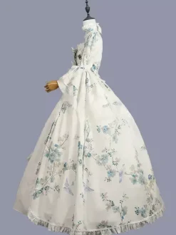 Blanc rétro  Robe Victorienne arcs Polyester imprimé fleuri Robe Marie Antoinette Costume robe tunique rétro femme mascarade robe de bal