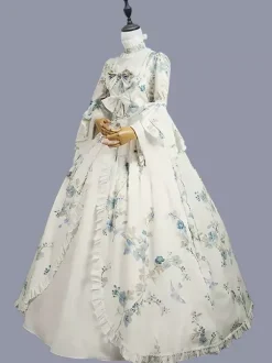 Blanc rétro  Robe Victorienne arcs Polyester imprimé fleuri Robe Marie Antoinette Costume robe tunique rétro femme mascarade robe de bal