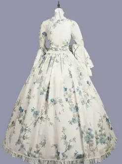 Blanc rétro  Robe Victorienne arcs Polyester imprimé fleuri Robe Marie Antoinette Costume robe tunique rétro femme mascarade robe de bal