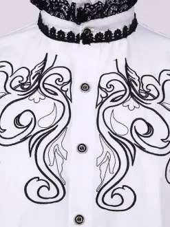 Blanc Vintage Haut Rétro Dentelle Volants Imprimé Fleuri Manches Longues Chemise Rétro Costumes Pour Homme