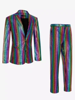 Blazer à paillettes métallisé pour homme ensemble 2 pièces slim tenue de soirée de bal de mariage de banquet veste et pantalon