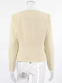 Blazer court jaune beurre pour femme - Veste élégante à boucle sur le devant et col rond - Coupe ajustée - Tenues pour un rendez-vous galant 2026