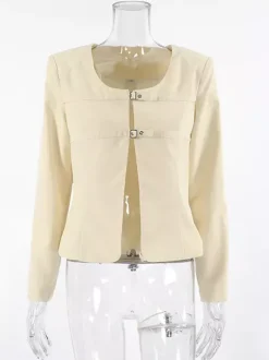 Blazer court jaune beurre pour femme - Veste élégante à boucle sur le devant et col rond - Coupe ajustée - Tenues pour un rendez-vous galant 2026