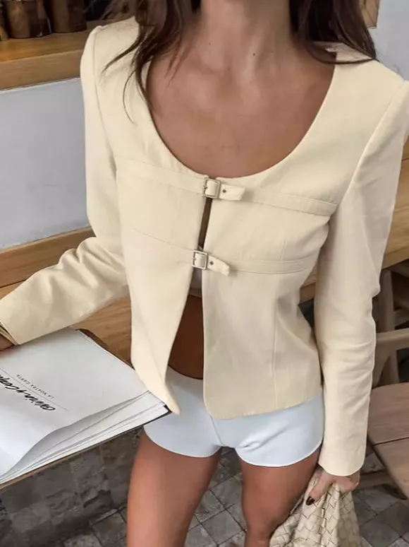 Blazer court jaune beurre pour femme - Veste élégante à boucle sur le devant et col rond - Coupe ajustée - Tenues pour un rendez-vous galant 2026