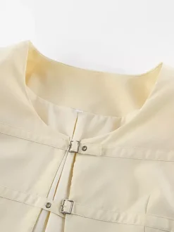 Blazer court jaune beurre pour femme - Veste élégante à boucle sur le devant et col rond - Coupe ajustée - Tenues pour un rendez-vous galant 2026