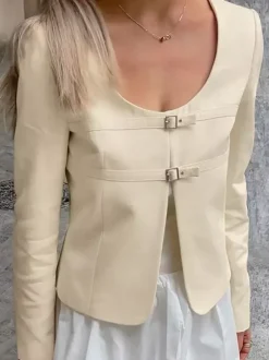 Blazer court jaune beurre pour femme - Veste élégante à boucle sur le devant et col rond - Coupe ajustée - Tenues pour un rendez-vous galant 2026