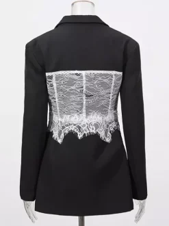 Blazer en dentelle corset sexy pour femme - Veste bustier cintrée contrastée noire et blanche - Idéale pour une soirée printanière 2026