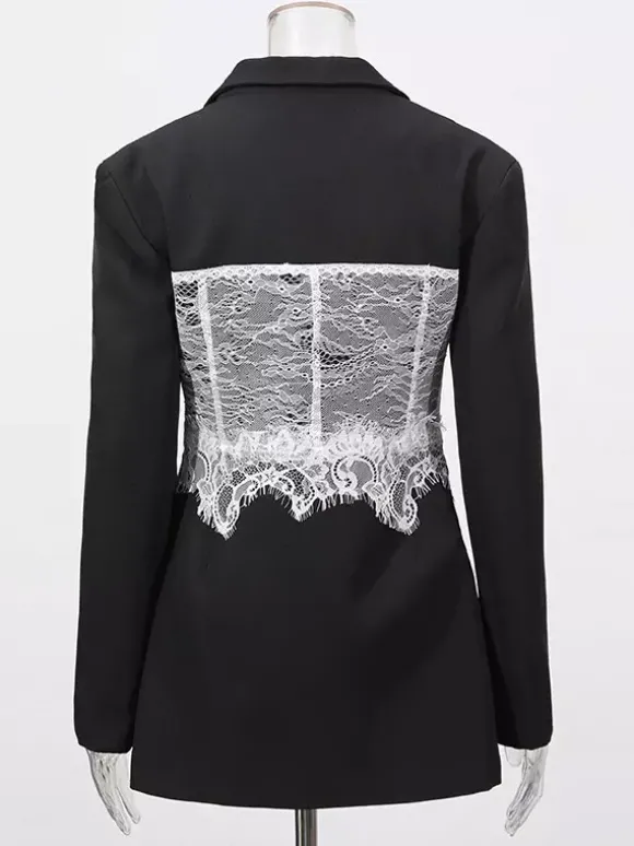 Blazer en dentelle corset sexy pour femme - Veste bustier cintrée contrastée noire et blanche - Idéale pour une soirée printanière 2026
