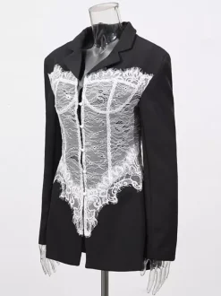 Blazer en dentelle corset sexy pour femme - Veste bustier cintrée contrastée noire et blanche - Idéale pour une soirée printanière 2026