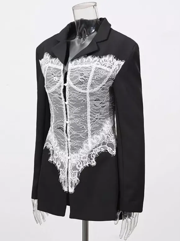 Blazer en dentelle corset sexy pour femme - Veste bustier cintrée contrastée noire et blanche - Idéale pour une soirée printanière 2026