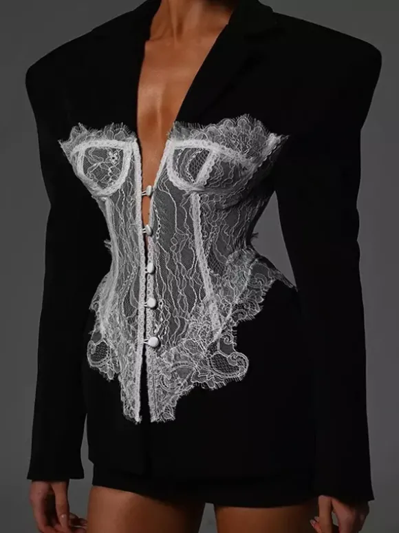 Blazer en dentelle corset sexy pour femme - Veste bustier cintrée contrastée noire et blanche - Idéale pour une soirée printanière 2026
