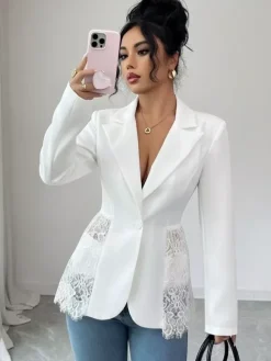Blazer femme patchwork en dentelle - Coupe slim sexy avec ourlet transparent - Vêtements d'extérieur pour les soirées printanières 2026