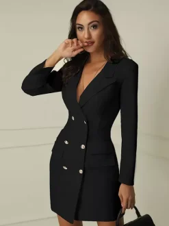 Blazer Robe Femme à Col Revers Moulant Décolleté en V Fermeture à boutonnages Croisés Coupe Cintrée Unicolore Manteau Hiver Femme