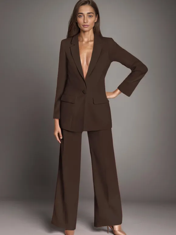 Blazer uni à revers cranté et boutonné ensemble 2 pièces décontracté