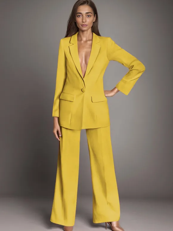 Blazer uni à revers cranté et boutonné ensemble 2 pièces décontracté