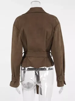 Blazer court en daim marron pour femme - Veste rétro à revers et ceinture à la taille coupe classique - Idées de tenues printanières vintage pour 2026