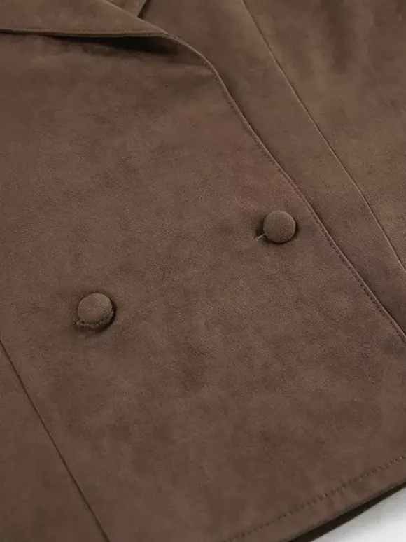 Blazer court en daim marron pour femme - Veste rétro à revers et ceinture à la taille coupe classique - Idées de tenues printanières vintage pour 2026