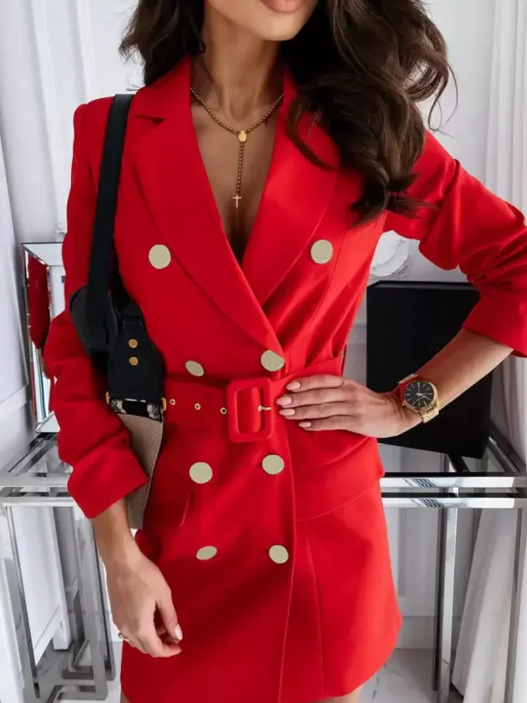Blazer Court Femme avec Manches Longues à Col Revers Coupe Cintrée avec Boutons Unicolore