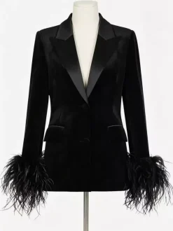 Blazer en velours satiné pour femme revers en satin et poignets ornés de plumes