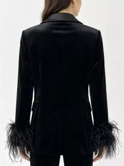 Blazer en velours satiné pour femme revers en satin et poignets ornés de plumes