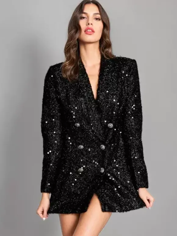 Blazer Femme Chic Polyester Col Rabattu Bouton Paillettes Manches Longues