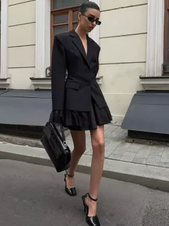 Blazer femme coupe sablier orné de dentelle - Veste de tailleur slim à manches évasées - Tenues chics streetwear et formelles 2026
