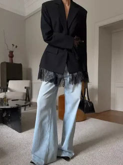 Blazer femme coupe sablier orné de dentelle - Veste de tailleur slim à manches évasées - Tenues chics streetwear et formelles 2026