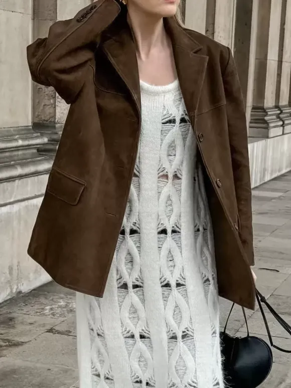 Blazer Femme Moderne En Daim Col Rabattu Manches Longues