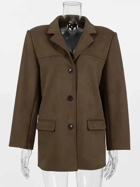 Blazer Femme Moderne En Daim Col Rabattu Manches Longues
