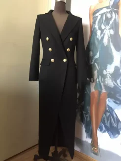 Blazer Long Femme avec Manches Longues à Col Revers Coupe Cintrée avec Fente Unicolore