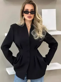 Blazer noir pour femme Hourglass Tailored - Veste structurée à épaules dénudées et boutonnage simple - Vêtement de travail décontracté chic 2026