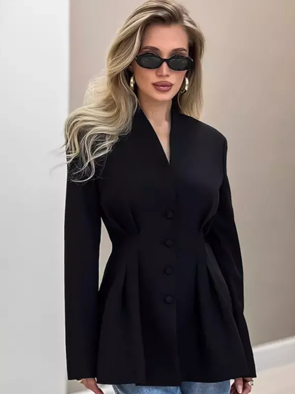 Blazer noir pour femme Hourglass Tailored - Veste structurée à épaules dénudées et boutonnage simple - Vêtement de travail décontracté chic 2026