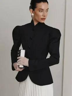 Blazer péplum vintage pour femme - Veste cintrée à manches bouffantes et col montant - Vêtement d'extérieur chic pour les fêtes de printemps 2026