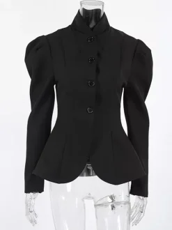 Blazer péplum vintage pour femme - Veste cintrée à manches bouffantes et col montant - Vêtement d'extérieur chic pour les fêtes de printemps 2026