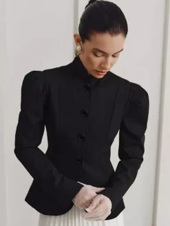 Blazer péplum vintage pour femme - Veste cintrée à manches bouffantes et col montant - Vêtement d'extérieur chic pour les fêtes de printemps 2026